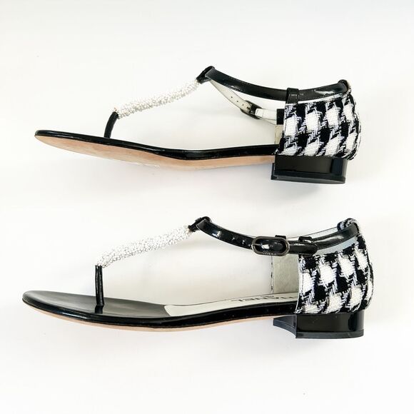 Chanel CC Sandals Tweed Patent Leather T Strap Flats Size Eu 39 - Picture 6 of 15